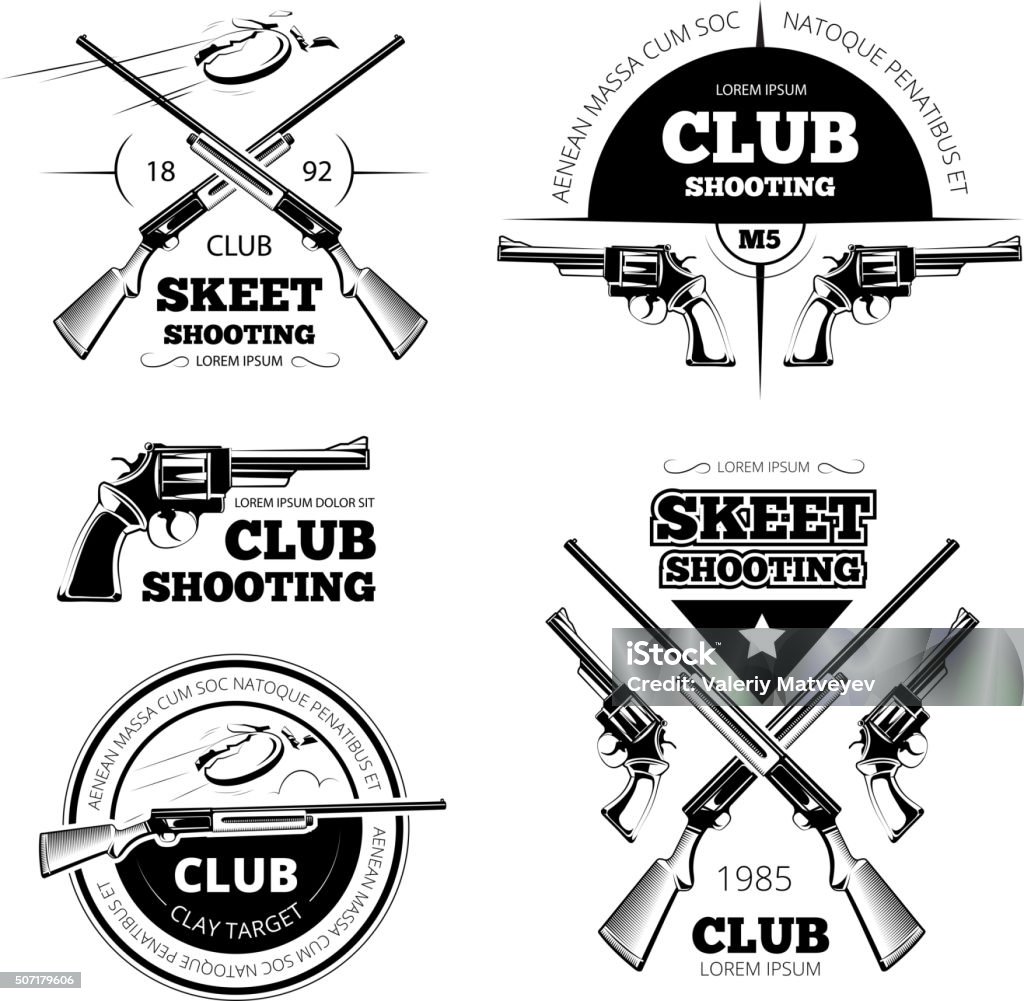 Vintage gun club vector labels, logos, emblems set Vintage gun club labels, logos, emblems set. Badge and gun, weapon rifle, vector illustration Activity stock vector