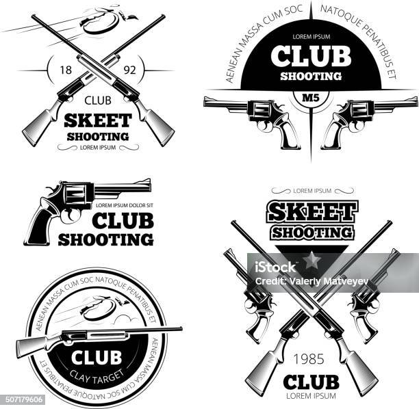 Vintage Gun Club Vector Labels Logos Emblems Set Stock Illustration - Download Image Now - Activity, Aiming, Arts Culture and Entertainment