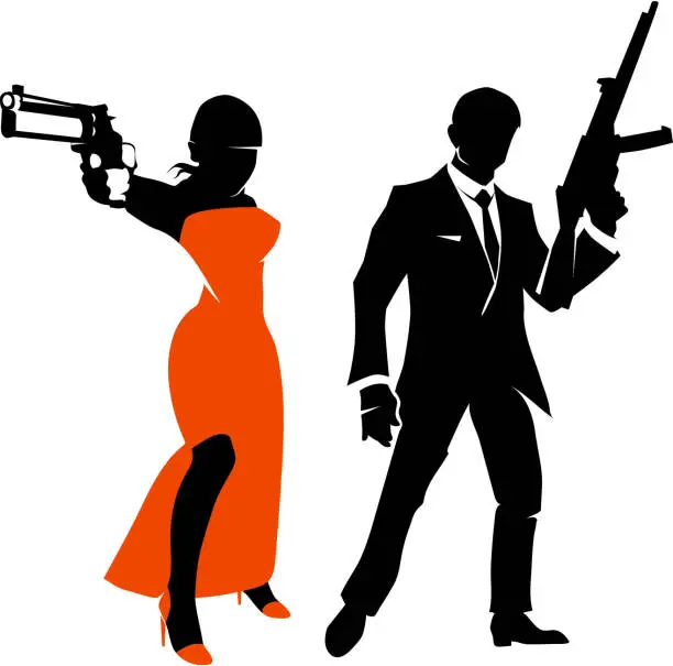 Vector illustration of Silhouettes of spy couple. Vector characters