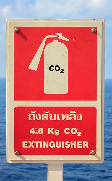 extinguisher sign and sea,blue sky background. Thailand language means extinguisher.