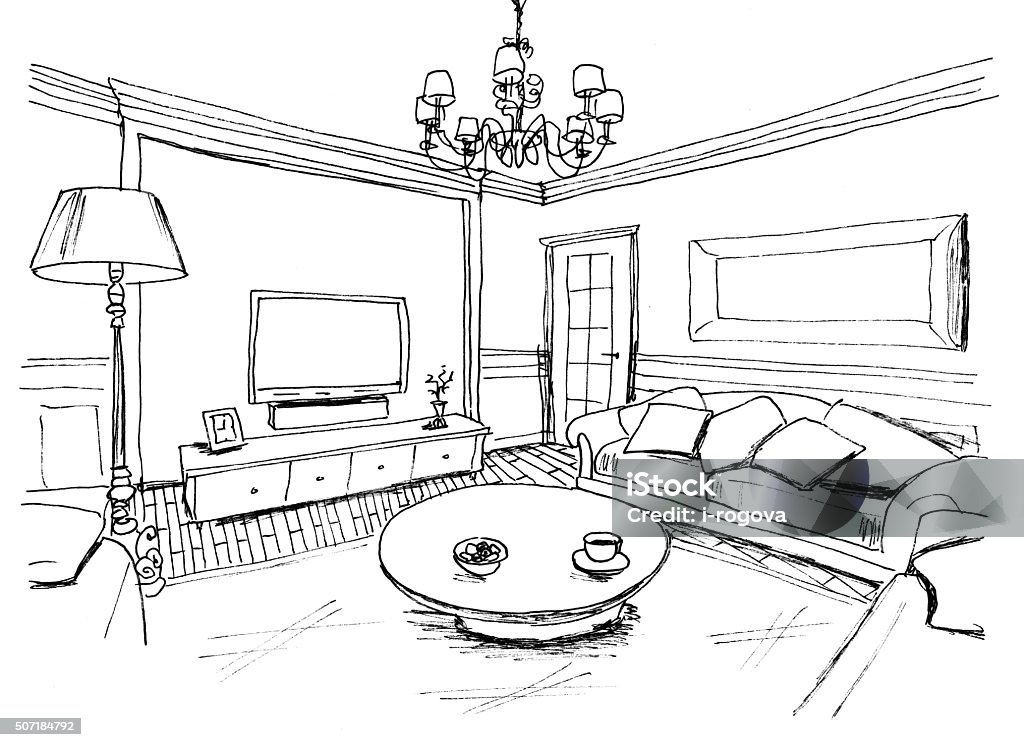 Graphical sketch of an interior living room, liner Apartment Stock Photo