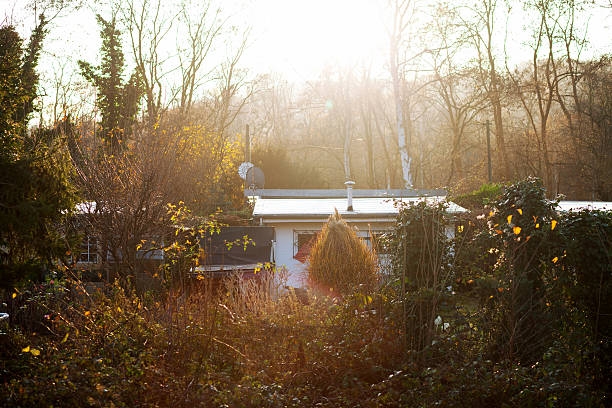 Essen, Germany - December, 10th 2015: Allotments in Essen at winter morning. Scene is in Essen Kettwig, Ruhrgebiet, close ro river Ruhr.