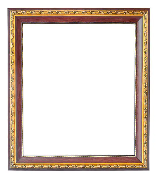 Wooden and gold vintage photo frame over white background, clipping path.