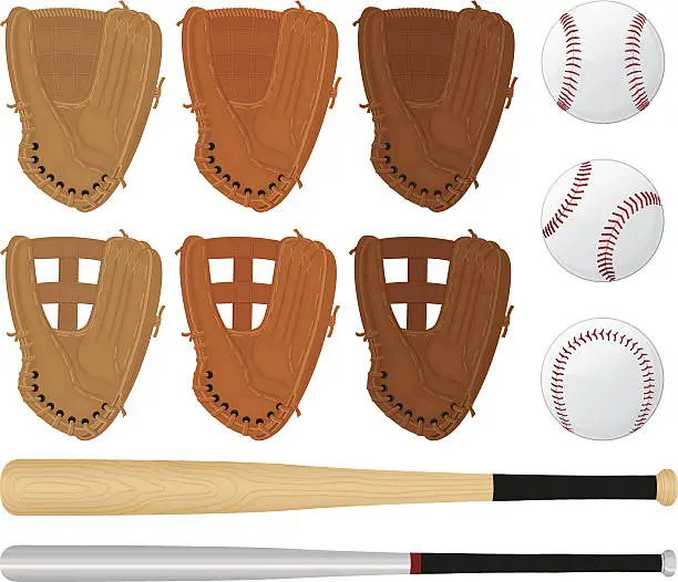 Vector illustration of Baseball Gloves, Bats and Balls