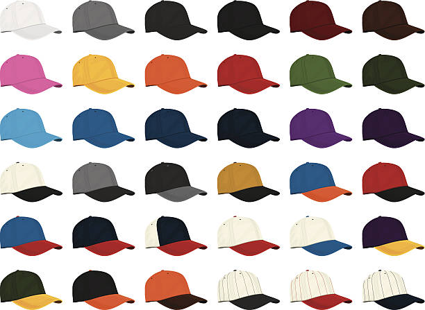 ilustraciones, imágenes clip art, dibujos animados e iconos de stock de colección de gorra de béisbol - baseball cap hat multiple image color image