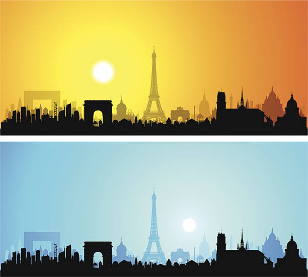 sehr detaillierte skyline von paris (vollständig, beweglichen gebäude - arc de triomphe du carrousel stock-grafiken, -clipart, -cartoons und -symbole