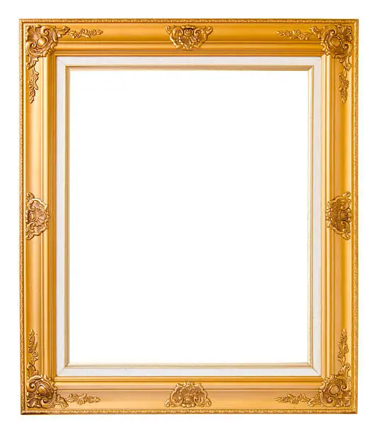 Gold vintage photo frame over white background, clipping path