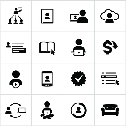e-learning, online education icons. All white strokes/shapes are cut from the icons and merged allowing the background to show through.