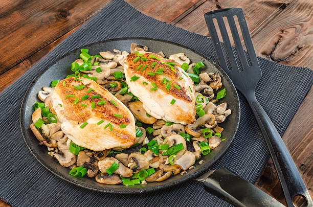istock Chicken breast with mushrooms and spring onions on pan 507187869
