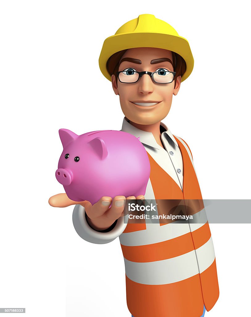 Jeune Travailleur avec piggy bank - Photo de Réparer libre de droits