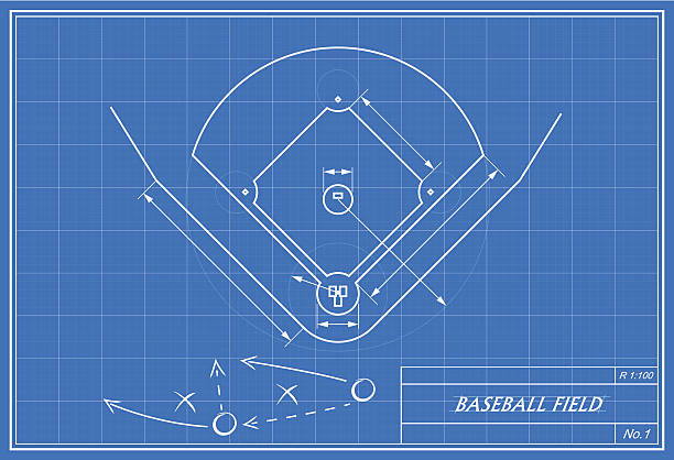 baseball field on blueprint vector image of baseball field on blueprint. baseball diamond stock illustrations