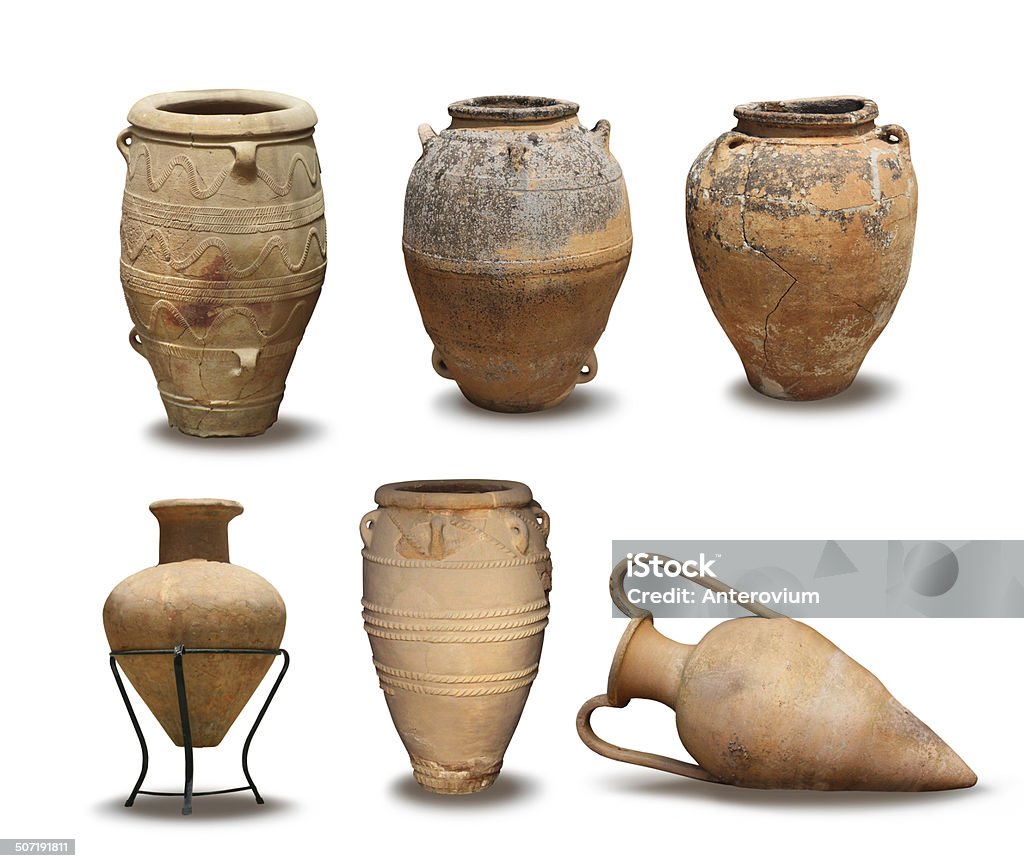 Antique and Minoan vase collection Greek Antique and Minoan vase clay pots isolated Ancient Stock Photo