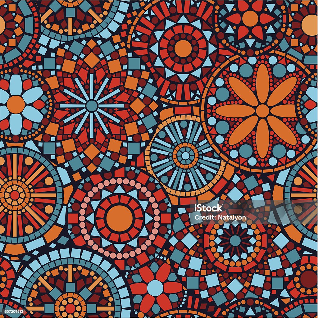 Círculo colorido mandalas patrón sin costuras floral en colores azul, rojo, naranja - arte vectorial de Abstracto libre de derechos