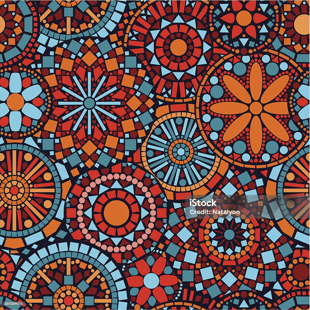 Colorful circle flower mandalas seamless pattern in blue red orange Colorful circle flower mandalas seamless pattern in blue red and orange, vector Abstract stock vector