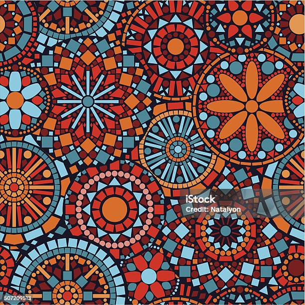 Colorful Circle Flower Mandalas Seamless Pattern In Blue Red Orange Stock Illustration - Download Image Now