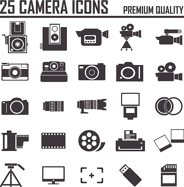 25 카메라 아이콘, 프리미엄 품질 - lens camera photography photograph stock illustrations