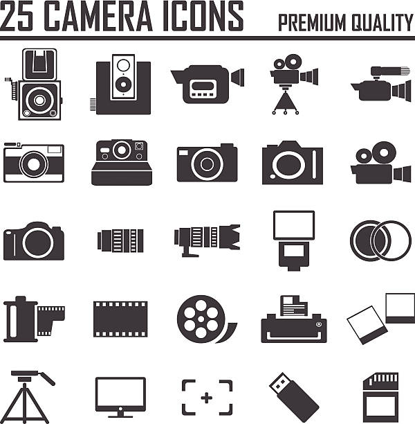 25 camera icons, premium quality 25 camera icons, premium quality vintage video camera stock illustrations