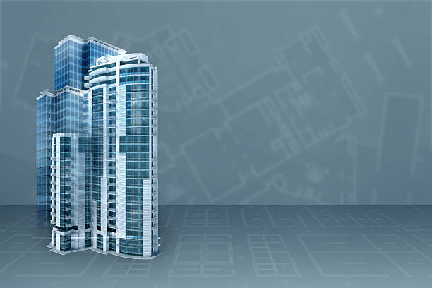 istock Modern office: architecture project blueprint transparent background with 3D buildings 507211099