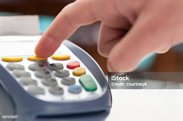 Eftpos Terminal With Pointing Finger Stock Photo - Download Image Now - Banking, Business, Buying