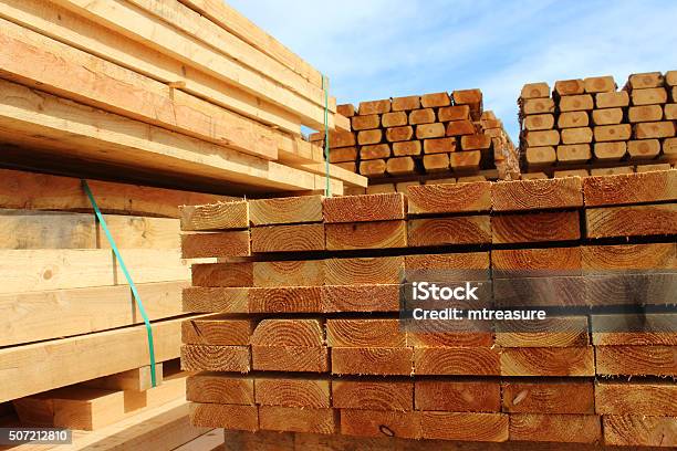 Image Of Wood Planks Sawmill Posts In Timber Yard Piles Stock Photo - Download Image Now