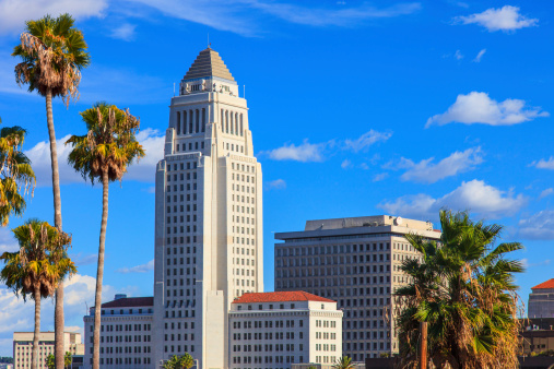 Los Angeles City Hall with and palm trees, California