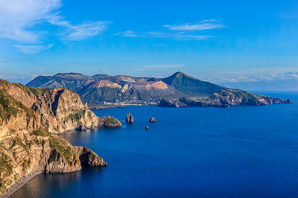 Panoramic view of the Eolie Islands from the top of Vulcano including Alicudi, Filicudi, Lipari, Salina, Stromboli, Vulcano, Lipari, Panarea. The arcipelago is a Unesco World Heritage Site