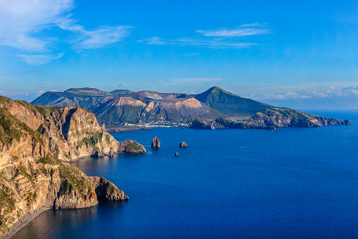The island of Vulcano seen from the island of Lipari. Aeolian archipelago, Sicily, Italy.