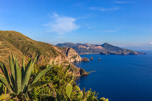 The island of Vulcano seen from the island of Lipari. Aeolian archipelago, Sicily, Italy.