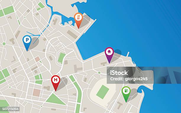 City Map With Navigation Icons Stock Illustration - Download Image Now - City Map, Map, Isometric Projection