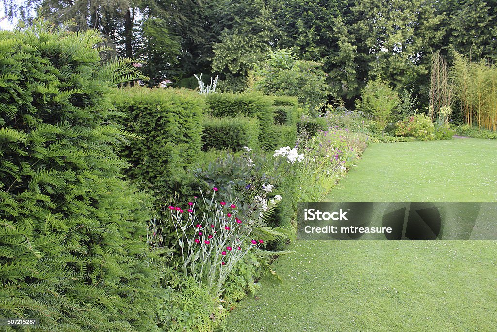 Jardim-jardim de ervas, estende a fronteira de flores, orelha, preso-yew topiária hedge - Foto de stock de Topiaria royalty-free