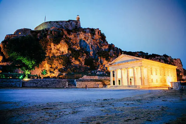 Hellenic temple at Corfu island shot at night