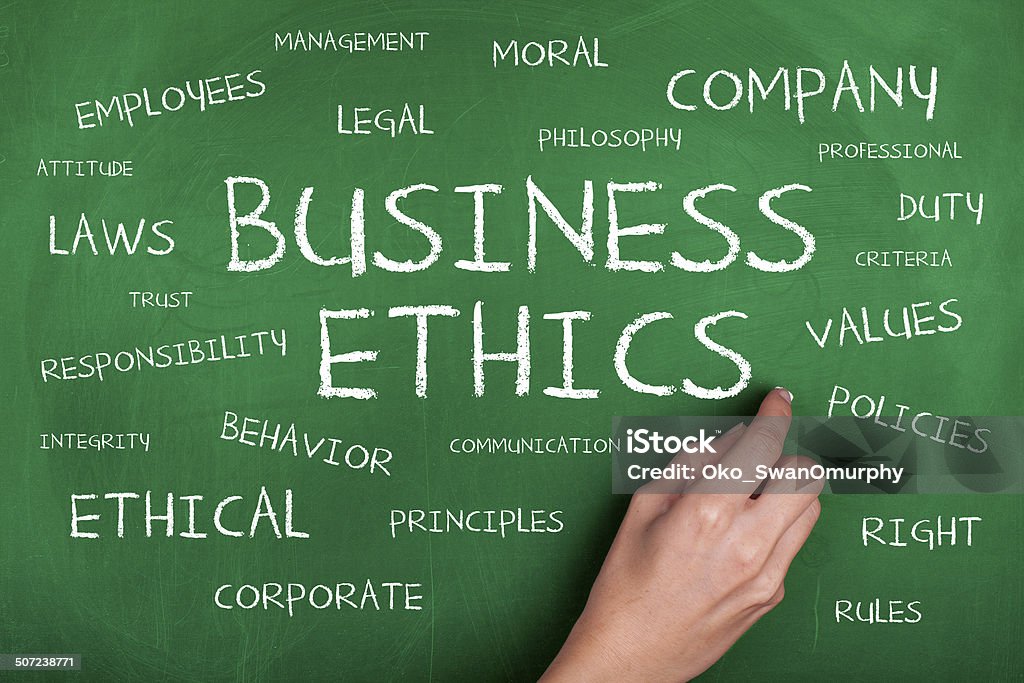 Business Ethics Woman hand writing Business Ethics word cloud on green blackboard Morality Stock Photo