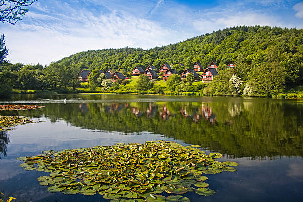 Barend Holiday Village, Loch and Lodges. Lillies Foreground Barend Holiday Village reflected in Barend Loch with Water Lillies in foreground. Taken at Barend, Dumfries and Galloway, Scotland, UK. Galloway Hills stock pictures, royalty-free photos & images