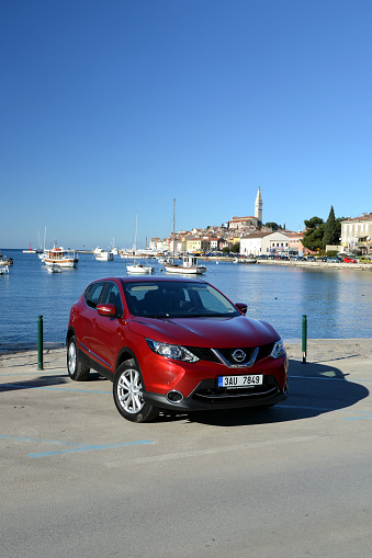 Rovinj, Croatia - January, 25th, 2014. Test drive of Nissan crossover in Croatia. The second-generation of the Qashqai, the most important car for Nissan in Europe, was revealed in 2013. The Qashqai is available in versions: 1.2 DIG-T (115 HP) petrol engine, 1.5 dCi (110 HP) diesel engine and 1.6 dCi (130 HP) diesel engine. The all-wheel-drive system is available only in the strongest version.