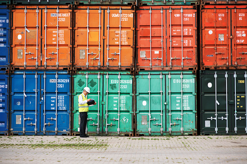 A customs inspector standing and reviewing a tack of containers