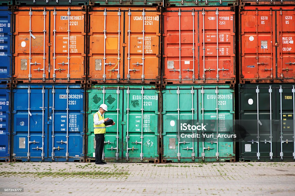 Ensuring all legal customs rules are met A customs inspector standing and reviewing a tack of containers Cargo Container Stock Photo