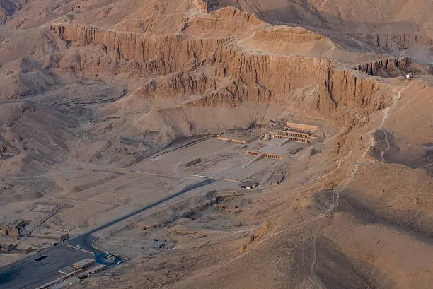 The bird eye's view of Temple of Hatshepsut at sunset moment, Luxor, Egypt