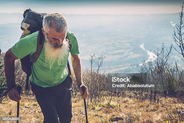 Happy Senior Caucasian Paraglider Walking To Hills Peak Alps Europe Stock Photo - Download Image Now