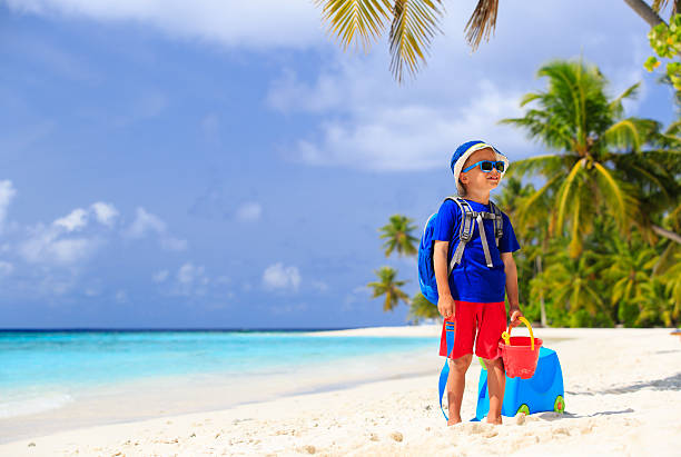 istock little boy travel on beach with suitcase 507248478