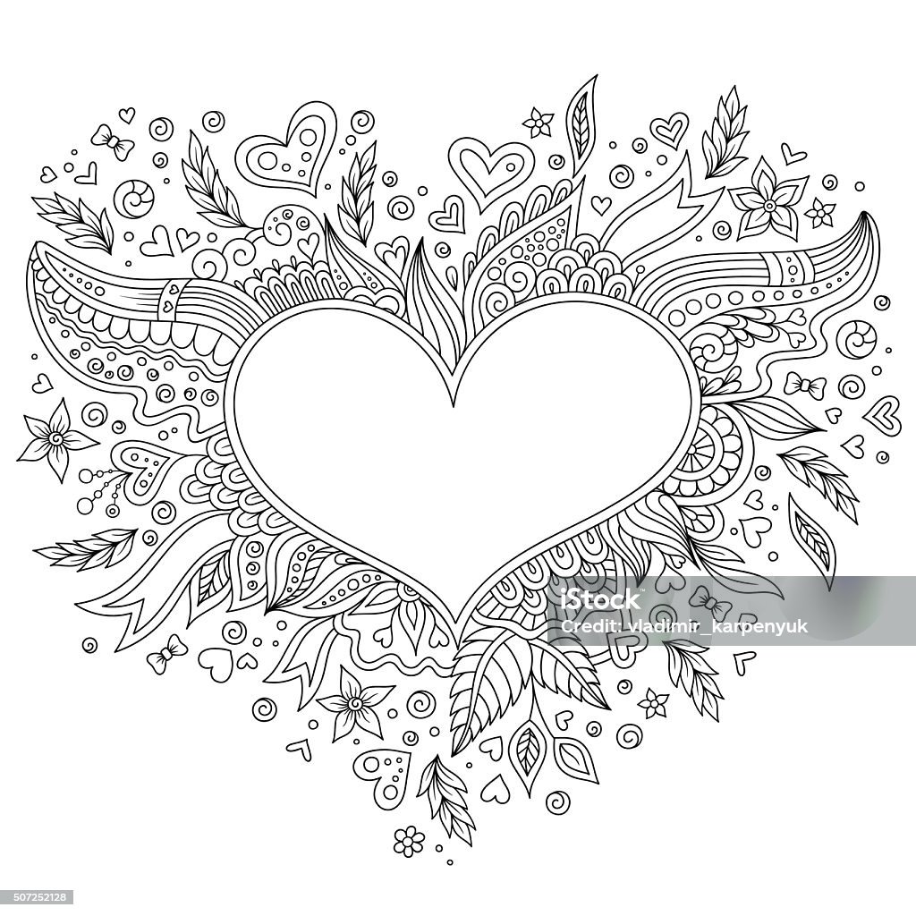 Coloring page flower heart St Valentine's day Coloring page flower heart St Valentine's day. Coloring page with details isolated on white background . Doodle pattern for relax and meditation. Black line art on white background. Coloring Book Page - Illlustration Technique stock vector