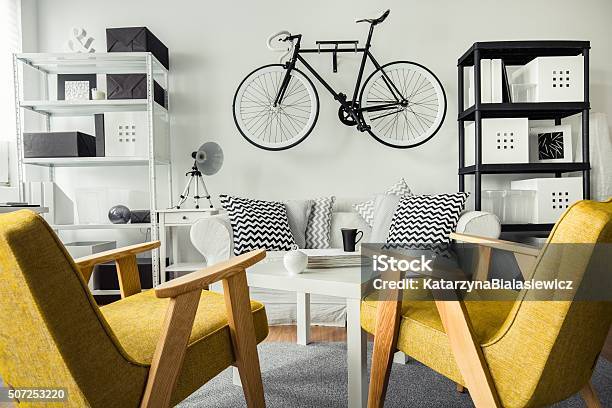 Retro Yellow Chairs Stock Photo - Download Image Now - Bicycle, Small, Apartment