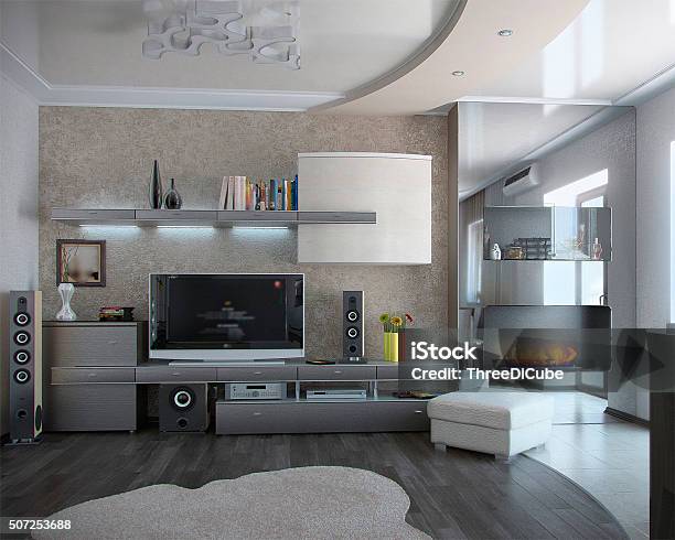 Minimalismo Sala De Estar Renderizado 3d Foto de stock y más banco de imágenes de Equipo de ocio - Equipo de ocio, Interior de la casa, Arte cultura y espectáculos