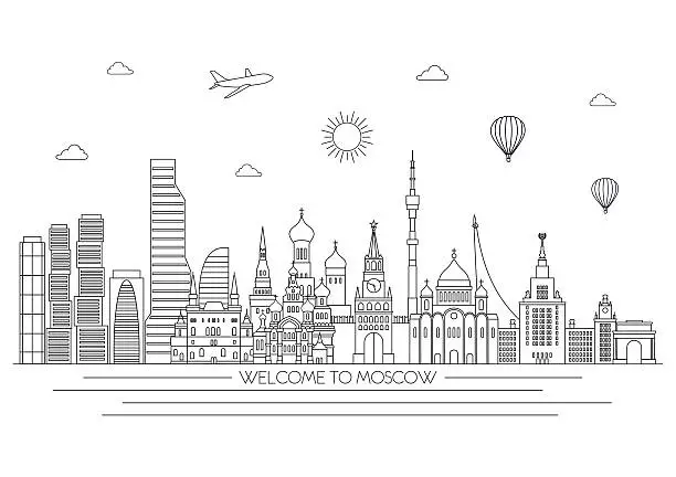 Vector illustration of Moscow detailed skyline. Vector line illustration. Line art style.