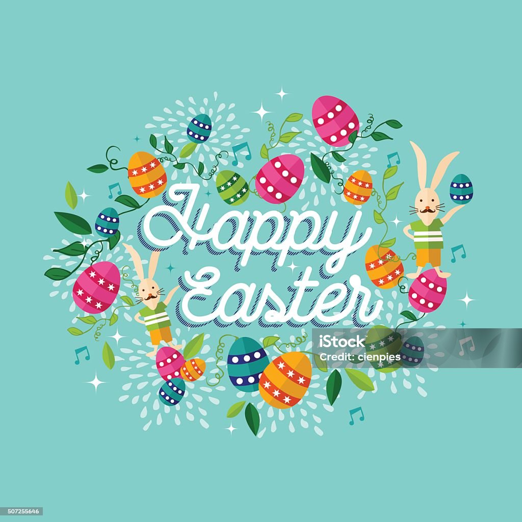 Happy Easter spring time illustration background Happy Easter retro text label with colorful spring nature decoration elements, hipster bunny and painted eggs. EPS10 vector. Animal Egg stock vector