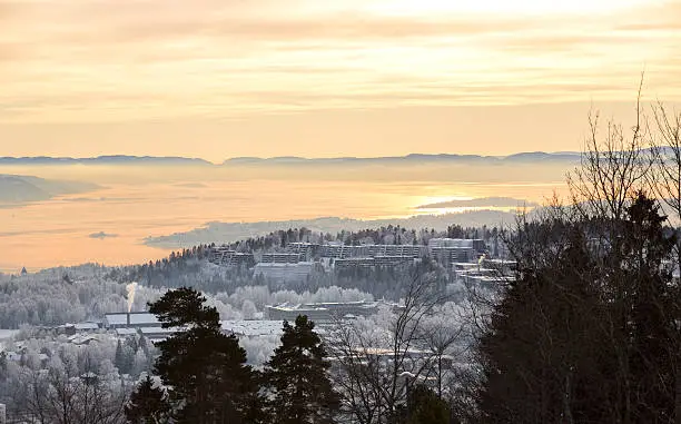 Oslo and Oslo-Fjord with frost mist and polution in January, Norway