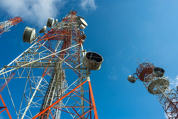 istock Three big radio mast with blue sky 507261642