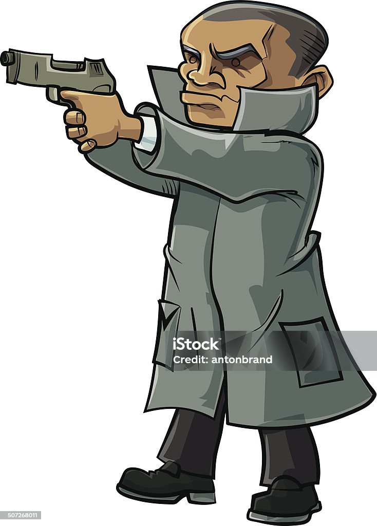 Cartoon secret agent with a trench coat and gun. Isolated Trench Coat stock vector