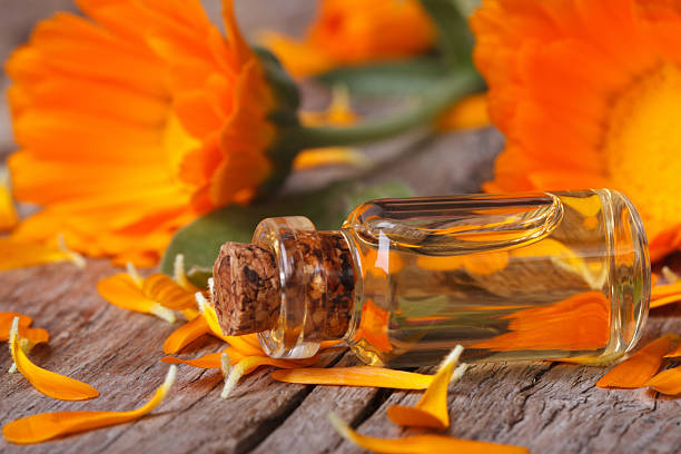 istock Calendula tincture and flowers on an old table horizontal 507269385