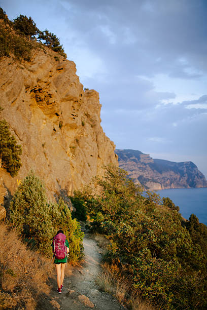 ragazza cammina con borsa - horizon over land sports and fitness nature wave foto e immagini stock