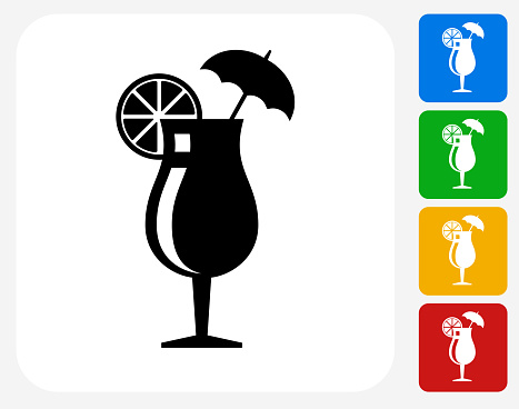 Cocktail Glass Icon. This 100% royalty free vector illustration features the main icon pictured in black inside a white square. The alternative color options in blue, green, yellow and red are on the right of the icon and are arranged in a vertical column.